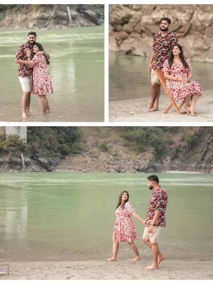 A mix of posed and candid shots of the couple by the water's edge, showing their comfortable and easy-going connection.