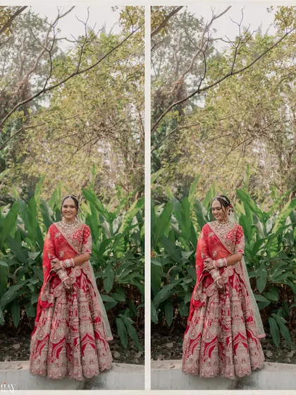 A diptych of the bride in her red lehenga, posing against a lush green backdrop.