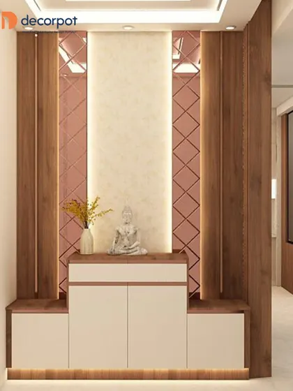 A serene foyer unit that combines wood paneling with rose-tinted mirrors. The integrated lighting and simple console create a peaceful and welcoming entryway.