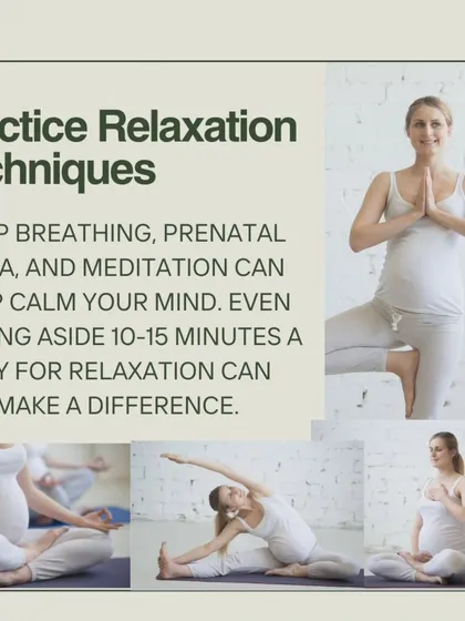 Practicing relaxation techniques like deep breathing, prenatal yoga, and meditation can help calm your mind. This collage shows various poses that can make a difference in managing prenatal anxiety.