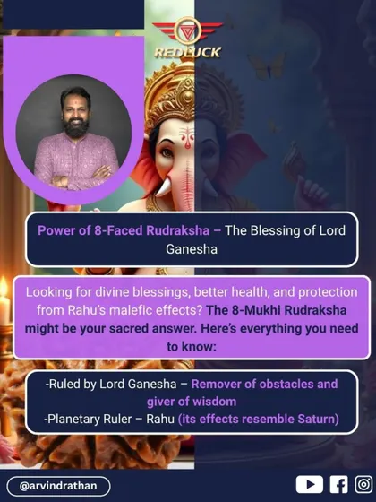 The 8-Faced Rudraksha is a direct blessing from Lord Ganesha, the remover of obstacles. This image explains its connection to Ganesha and its power to nullify the malefic effects of the planet Rahu.