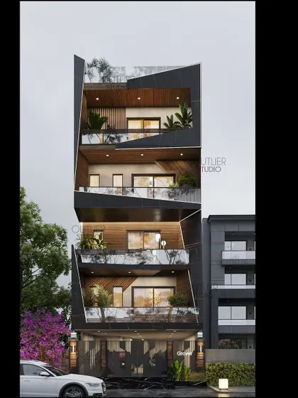 This is the same building, showing how the facade's appearance changes with the light. The combination of dark cladding and warm wood soffits adds depth and visual interest to the architectural design.