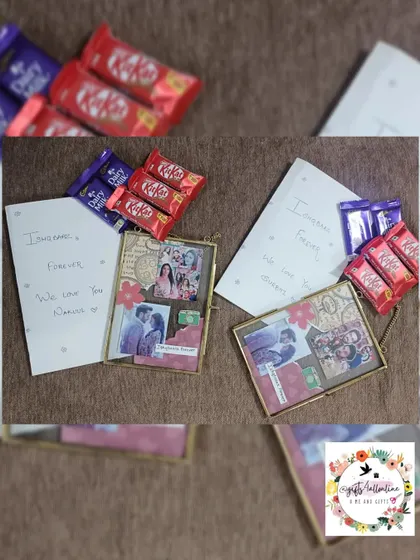 The vintage glass frames shown with the accompanying letters and chocolates, ready to be gifted for the 8th anniversary of the show 'Ishqbaaz'.