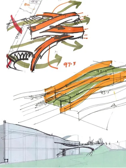 The conceptual sketches for the mantri tranquil clubhouse, exploring the idea of flowing bands and landscape integration.