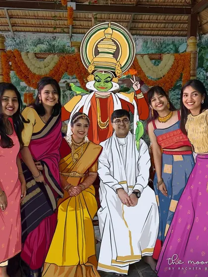 A fun group photo from a wedding, with an illustrated Kathakali dancer making a surprise appearance. This is part of my 'Wedding Shenanigans' series.