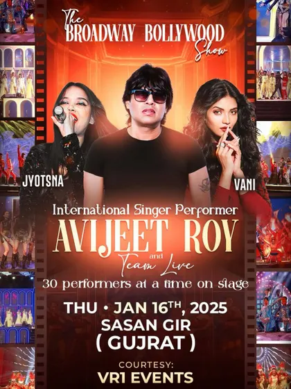 The grand announcement for 'The Broadway Bollywood Show' in Sasan Gir, Gujarat, with 30 performers on stage.