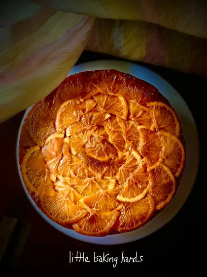 An upside-down orange cake with a jaggery caramel. This is a completely sugar-free treat, with the sweetness coming from the jaggery and the natural flavour of the oranges.