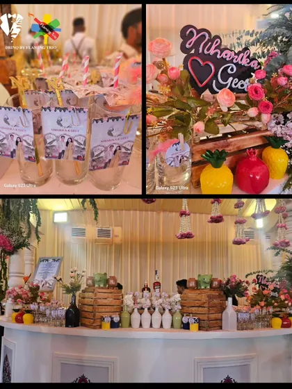 A beautiful and personalized bar setup for a wedding, featuring custom drink pouches, floral arrangements, and a charming, rustic aesthetic. Every detail is curated to match the couple's style.