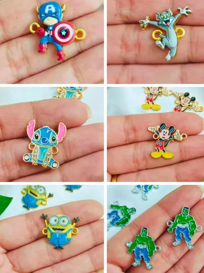 For the little ones, we have a fun collection of 3D cartoon charms. This image shows popular characters like Captain America, Tom, Stitch, Mickey Mouse, Minions, and the Hulk.