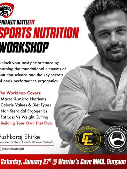 An announcement for our Sports Nutrition Workshop. We provide our athletes with knowledge on crucial topics like diet planning, weight cutting, and supplementation to optimize their performance.