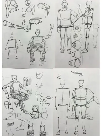 A study sheet on figure drawing fundamentals, showing how to construct the human body using simple geometric shapes.