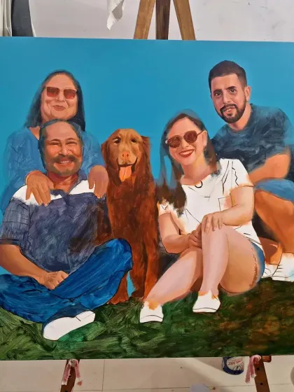 The painting is nearing completion, with most of the figures fully rendered. This stage shows how the different elements come together to form a cohesive and lively family scene.