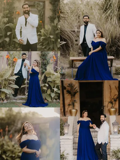 A collection of portraits from a garden shoot, showcasing the couple's elegant outfits and happy interactions.