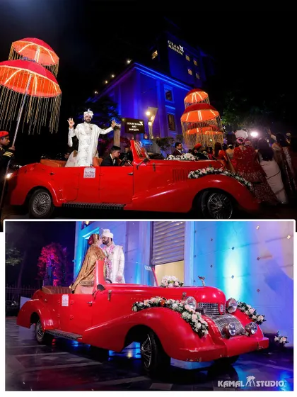 A collage showing the groom's grand entry in a vintage red car, a stylish and memorable Baraat.
