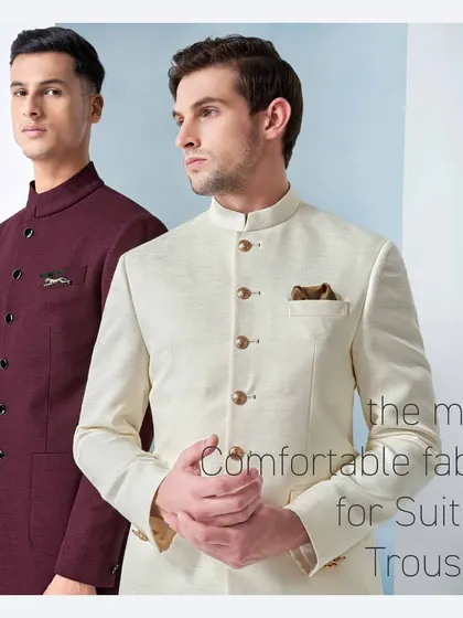 We believe in using the most comfortable fabrics for our suits and trousers. These Jodhpuri suits in deep maroon and classic cream demonstrate how you can dress sharp and feel comfortable.