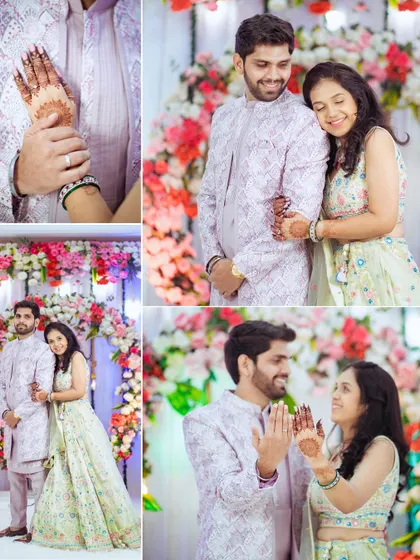 A collage of sweet moments from an engagement ceremony. It shows the couple posing against a floral backdrop, showing off the bride's mehndi, and sharing loving glances.