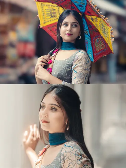 This collage demonstrates how different props and lighting can change the mood of a portrait. The top photo is vibrant and playful with a colorful umbrella, while the bottom uses soft window light for a more gentle, introspective look.