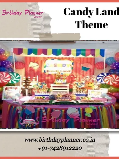 Welcome to Candy Land! This sweet theme features a vibrant dessert table with a candy stall awning, giant lollipop props, a chocolate fountain, and a rainbow of colorful decorations.