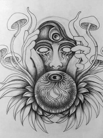 A progress shot of the surreal sticker design.