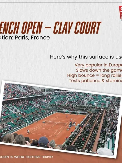 We also have expertise in building clay courts, similar to those at the French Open. These surfaces slow the game down and produce a high bounce, testing a player's stamina and patience, a factor we consider in court design.