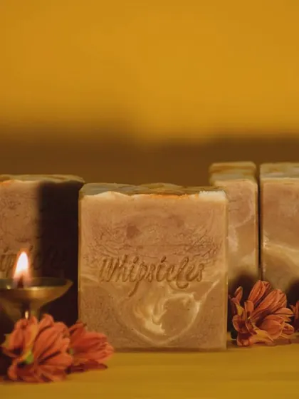 Our Saffron & Oudh Cold Process Soap, the first creation in our Diwali collection. It's crafted with the luxurious aroma of Oudh and the richness of Saffron for a warm, vibrant feel.