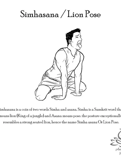 Simhasana (Lion Pose) relieves tension in the face and chest, stimulates the platysma muscle in the throat, and is said to help get rid of bad breath.