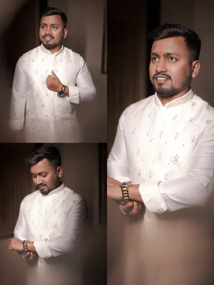 A set of classic portraits of the groom in his traditional white outfit. I focus on capturing a range of looks, from smiling to thoughtful.