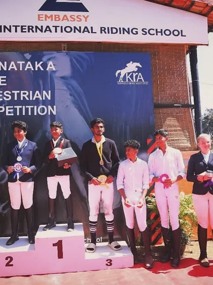 A group of our young male riders celebrating their victories at the Karnataka State Equestrian Competition. We foster a healthy sense of competition and camaraderie.