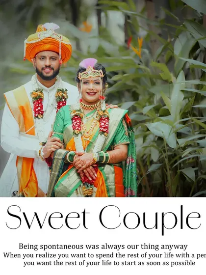 A lovely outdoor portrait of the Maharashtrian bride and groom. Dressed in traditional orange and green attire, they stand together, perfectly embodying the spirit of a 'Sweet Couple'.