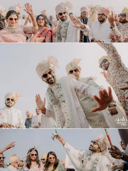 Candid moments from the baraat, showing the groom and guests dancing with joy on their way to the wedding venue.