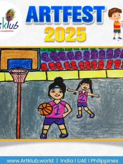 A vibrant depiction of a basketball game, complete with players on the court and a cheering crowd in the background. This piece was a submission for our 'My Favourite Sport' themed Artfest.