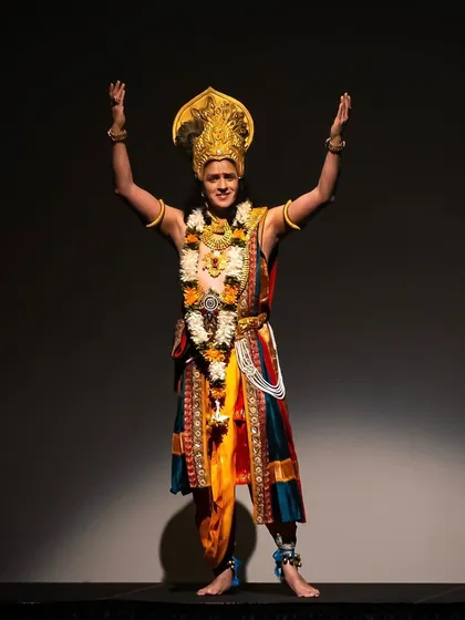 A solo performer embodying a divine character. My productions feature moments that highlight individual dancers' skills, allowing them to command the stage with powerful expressions and intricate costumes.