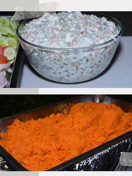 A collage showing our creamy Russian salad and sweet Gajar ka Halwa, perfect side dishes and desserts to complement your main course.