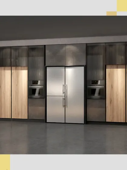 This kitchen wall is a great example of modern, symmetrical design. The balance of materials and the clean lines of the integrated appliances result in a sophisticated and highly functional culinary workspace.