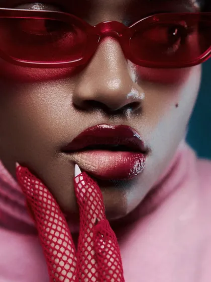 A macro beauty shot focusing on the lips and nails. This kind of tight framing requires perfect lighting to showcase the color, texture, and application of the cosmetic products.