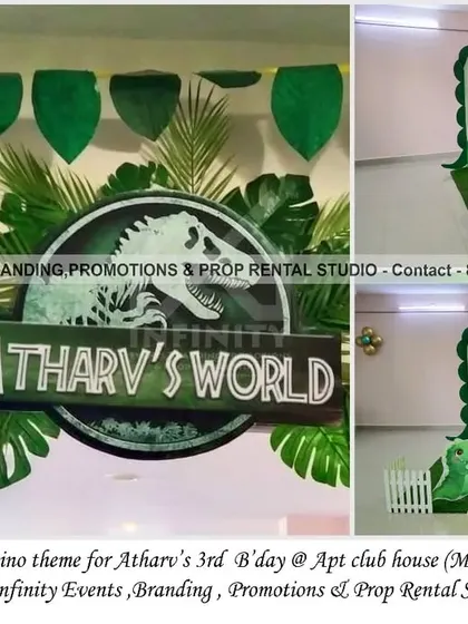 Welcome to Atharv's World! A cool dinosaur theme for a 3rd birthday at an apartment clubhouse. The decor features a custom "Jurassic Park" style logo, a semi-arch backdrop with a balloon garland, and a light-up number "3."