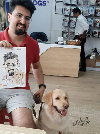 Another happy pet owner with his custom caricature, a great memory from a fun event.