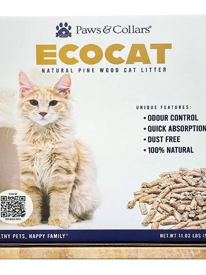 A clean product shot of the EcoCat box, featuring a QR code for customers to scan for more information. This highlights our commitment to transparency and ease of access to information.