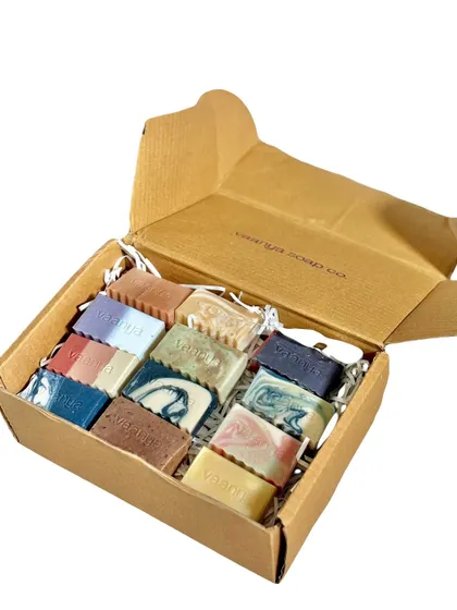A look inside our Soap Sampler Set box. It's a rainbow of our bestsellers, all packed neatly and ready to be explored.
