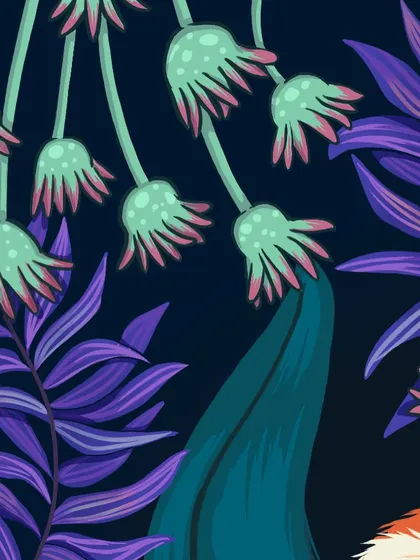 A detailed look at the botanical elements in my owl illustration. I enjoy creating rich, imaginative foliage with contrasting colors like deep purples and teals.