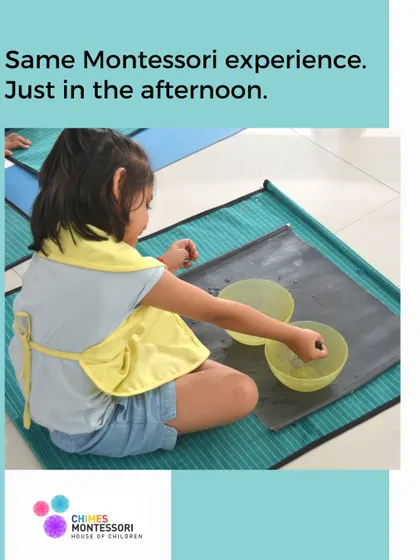 Same Montessori experience, just in the afternoon. A child engages in a practical life water activity, receiving the full benefit of our curriculum.