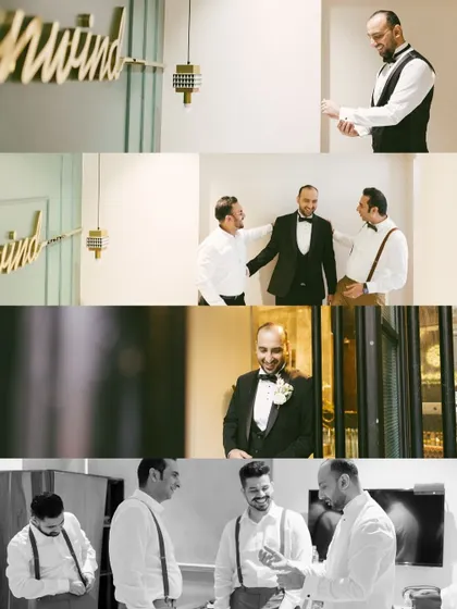 A collage of the groom getting ready with his friends. These candid shots capture the laughter and support of the groomsmen.