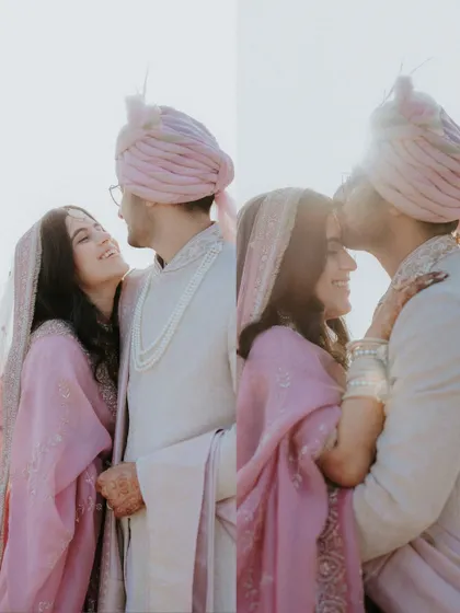 A collage capturing the soft, romantic atmosphere of a pastel-themed wedding. From the groom's loving gaze to the bride's joyful smile, these images tell a story of modern love wrapped in timeless elegance.