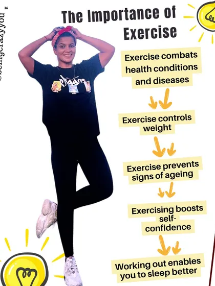 A quick reminder of the importance of exercise. It helps control weight, prevents signs of aging, boosts confidence, and enables you to sleep better.