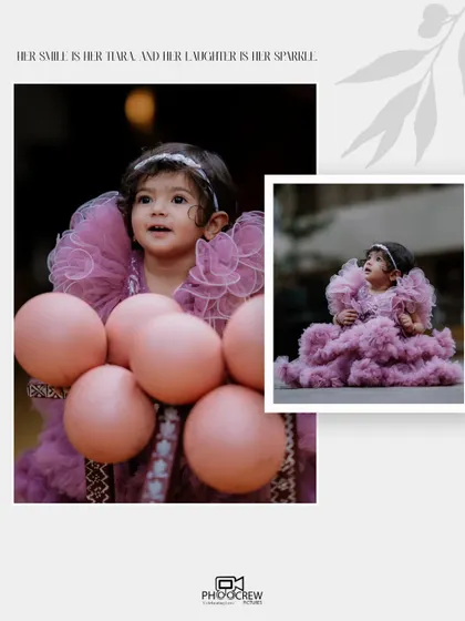 A creative layout from a first birthday session. We combined a full-length shot of the birthday girl in her beautiful ruffled dress with a close-up, capturing both her playful energy and her sweet, curious gaze.