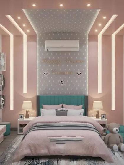This girl's bedroom uses a soft pink and grey palette with vertical light strips for a modern touch. The design is chic and youthful, with a cozy bed and a small vanity area.