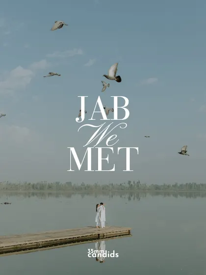 "Jab We Met." A beautiful shot of the couple on a pier overlooking the lake, with birds flying overhead. It’s a cinematic and romantic image that feels like a movie poster.
