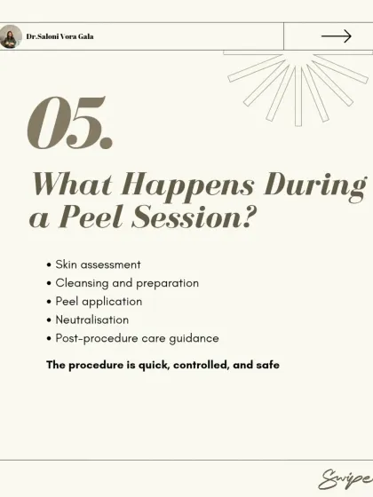 What happens during a peel session? The process is quick and controlled. It involves a skin assessment, cleansing, peel application, neutralization, and detailed guidance on post-procedure care to ensure a safe and effective outcome.