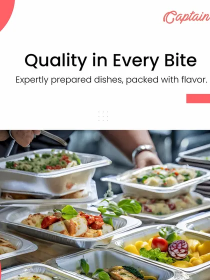 We guarantee quality in every bite. Here you can see a variety of our expertly prepared dishes packed in clean, foil containers, showcasing the care we take in presenting our food, even for drop-off services.