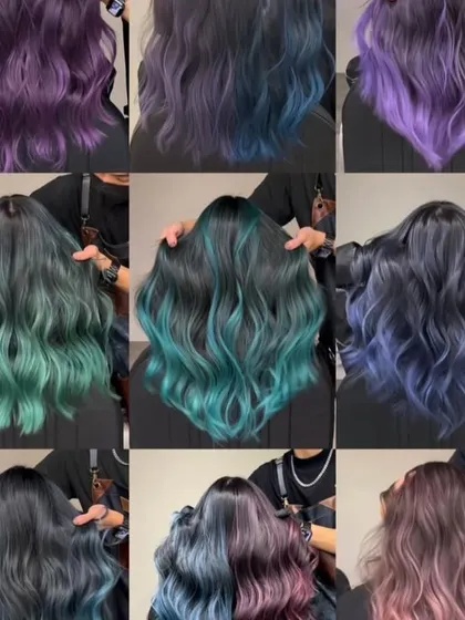 Thinking of going bold? This collage showcases a range of fantasy colors we can create, from deep purples and blues to vibrant teals and pinks.